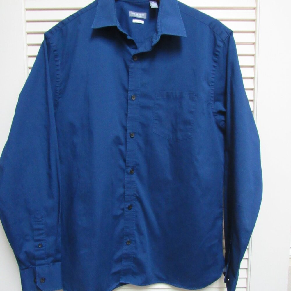 Van Heusen Never Tuck Blue Shirt Mens M 15-15.5 Long Sleeve Casual Preppy Office